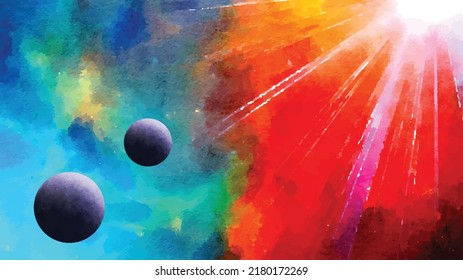 Nebula and galaxies in deep space with two planets or moons and neutron star. 
Astronomy abstract concept background. Galaxy creative wallpapers. Watercolor style. Vector illustration. Clipart