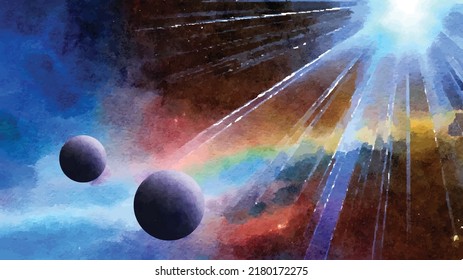 Nebula and galaxies in deep space with two planets or moons and star explode. 
Astronomy abstract concept background. Galaxy creative wallpapers. Watercolor style. Vector illustration. Clipart