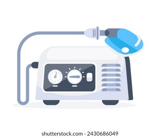 Vernebler. Kompressor-Inhalator mit langem Luftschlauch. Medizinische Maschine mit Maske und Aerosolkompressor. Vektorgrafik.