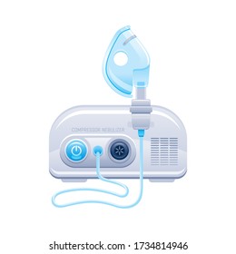 Nebulizer icon. Medical machine with mask and aerosol compressor for oxygen therapy. Hospital breath treatment equipment for asthma, pneumonia, bronchitis. Vector device illustration isolated on white