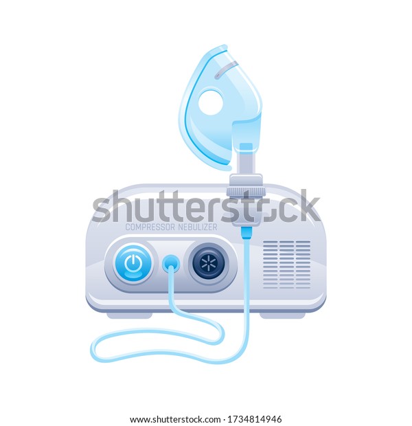 Nebulizer icon. Medical machine with mask and\
aerosol compressor for oxygen therapy. Hospital breath treatment\
equipment for asthma, pneumonia, bronchitis. Vector device\
illustration isolated on\
white