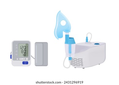 Verneblermaske für Bronchitis. Kompressor-Inhalator. Automatisches medizinisches Tonometer, hypertensive Herzerkrankung.  Gesundheit und Medizin