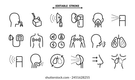 Nebulizer signs collection. Editable stroke. Medical equipment for inhalation in the diseases, asthma, bronchitis. Vector set of nebulizers of different types. Vector illustration. Healthcare symbol i