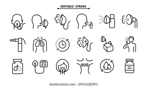 Vernebler signiert Kollektion. Bearbeitbarer Strich. Medizinische Geräte zur Inhalation bei den Krankheiten, Asthma, Bronchitis. Vektorgrafik Set von Verneblern verschiedener Typen. Vektorillustration. Gesundheitssymbole