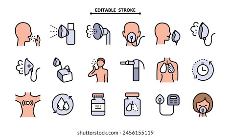 Nebulizer signs collection. Editable stroke. Medical equipment for inhalation in the diseases, asthma, bronchitis. Vector set of nebulizers of different types. Vector illustration. Healthcare symbol i