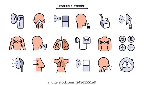Nebulizer signs collection. Editable stroke. Medical equipment for inhalation in the diseases, asthma, bronchitis. Vector set of nebulizers of different types. Vector illustration. Healthcare symbol i