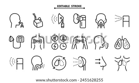 Nebulizer signs collection. Editable stroke. Medical equipment for inhalation in the diseases, asthma, bronchitis. Vector set of nebulizers of different types. Vector illustration. Healthcare symbol i