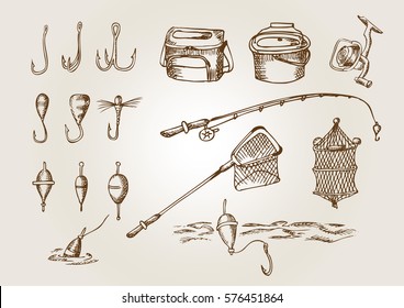 Necessary accessories for fishing. Outline