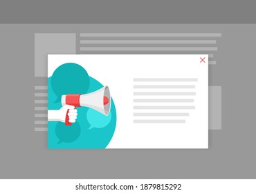 Erforderliche Popup-Fenster-Vorlage für die Website - Hand mit Lautsprecher auf abstraktem Hintergrund