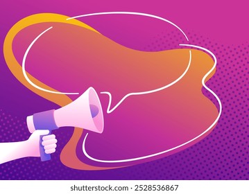 Necessary announcement pop-up window template for website - hand with loudspeaker, pop-art style, purple tone