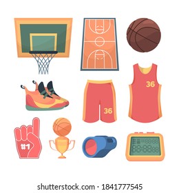 Necessary basketball things set. Lined sports court team red jersey and shorts orange sneakers basketball basket and brown ball electronic scoreboard and referees whistle. Competitive vector.