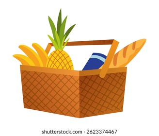 Necessary element of picnic in city park, ready-to-eat food and drinks in wicker basket. Cartoon vector illustration in flat style