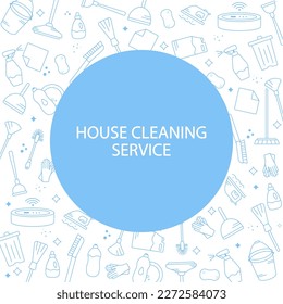 Necessary equipment for cleaning indoors and outdoors. Household appliances for cleaning.Background with various cleaning items in a blue stroke and a blue circle with an inscription in the center.