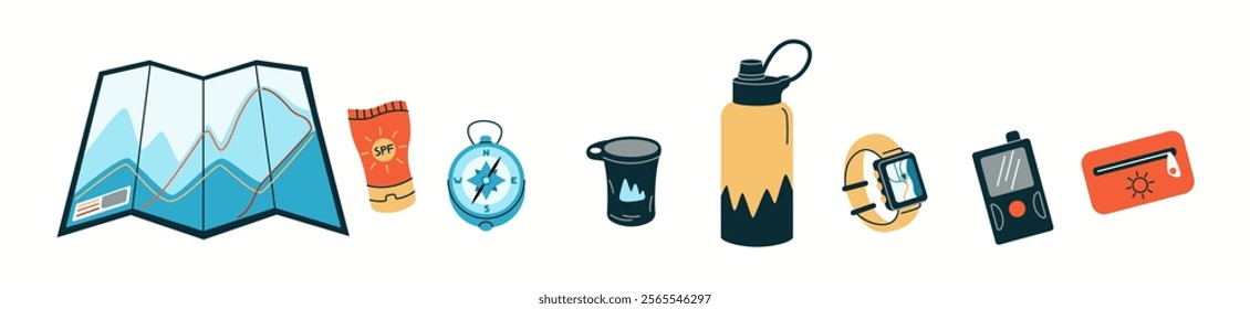 Necessary equipment for hiking flat color vector objects set. Touristic inventory with map and devices illustrations bundle on white background