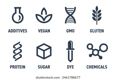 Necessary icons set of additives for labeling and for product composition, available or unavailable. Vegan, GMO, protein, gluten and other components. Pictograms in bold line