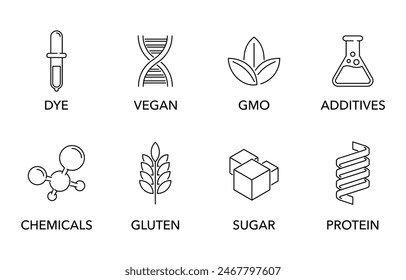 Necessary icons set of additives for labeling and for product composition, available or unavailable. Vegan, GMO, protein, gluten and other components. Pictograms in thin separated line