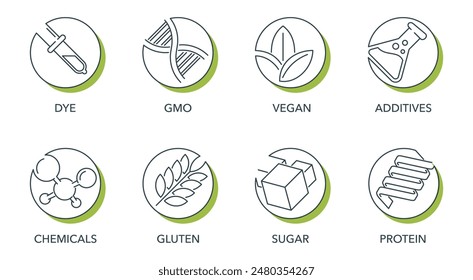 Necessary icons set of additives for labeling and for product composition, available or unavailable. Vegan, GMO, protein, gluten and other components. Circular pictograms in thin separated line