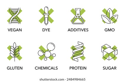 Necessary icons set of additives for labeling and for product composition, available or unavailable. Vegan, GMO, protein, gluten and other components. Thin pictograms with green X sign