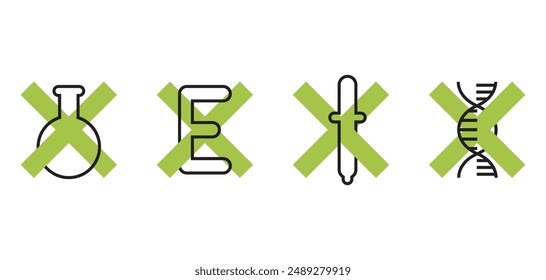 Necessary icons set of additives for labeling and for product composition, available or unavailable. Vegan, GMO, Dye, E-number, Preservatives or chemicals. Pictograms with X sign and silhouettes