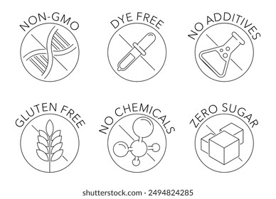 Necessary icons set of additives for labeling and for product composition. Non-GMO, Dye free, No additives or chemicals, Gluten free and zero sugar. Circular pictograms in thin line