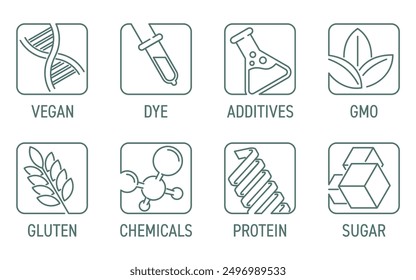 Necessary icons set of additives for labeling and for product composition, available or unavailable. Vegan, GMO, protein, gluten and other components. Square pictograms collection in thin separated