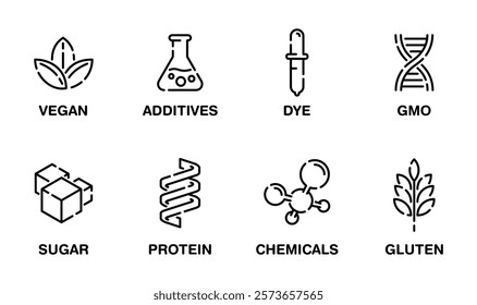 Necessary icons set of additives for labeling and for product composition, available or unavailable. Vegan, GMO, protein, gluten and other components. Pictograms collection in separated linear style