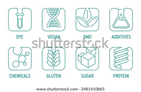 Necessary icons set of additives for labeling and for product composition, available or unavailable. Vegan, GMO, protein, gluten and other components. Square pictograms in thin separated line