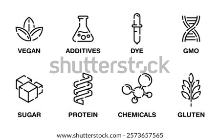 Necessary icons set of additives for labeling and for product composition, available or unavailable. Vegan, GMO, protein, gluten and other components. Pictograms collection in separated linear style