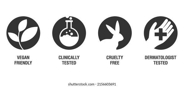 Necessary pictograms set for marking of products - Vegan Friendly, Clinically Tested, Cruelty Free and Dermatologist tested