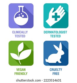 Necessary pictograms set for marking of products - Vegan Friendly, Clinically Tested, Cruelty Free and Dermatologist tested