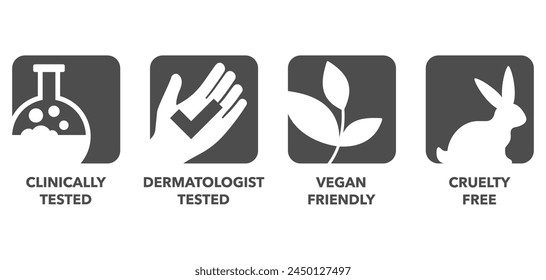 Necessary pictograms set in square shape, for marking of products - Vegan Friendly, Clinically Tested, Cruelty Free and Dermatologist tested