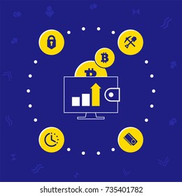 The necessary resources for the mining of cryptocurrency. Bright circular scheme in a flat style
