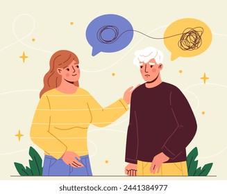 Necessary support concept. Woman help man. Young girl with untangled guy. Psychological help and support. Mental problems and illness. Cartoon flat vector illustration isolated on yellow background