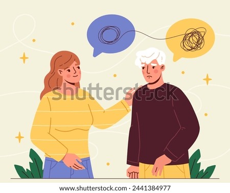 Necessary support concept. Woman help man. Young girl with untangled guy. Psychological help and support. Mental problems and illness. Cartoon flat vector illustration isolated on yellow background