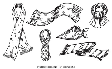 Neck accessory doodle set. Sketch of scarves for different seasons, shawls. Outline vector illustrations collection.