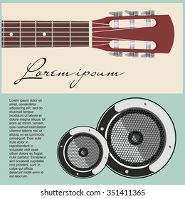 Neck of acoustic guitar with strung and speakers. Vector EPS 10.