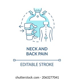 Neck and back pain blue concept icon. Patient with spine ache from bad posture. Physiotherapy abstract idea thin line illustration. Vector isolated outline color drawing. Editable stroke