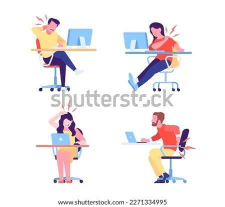 Neck and back pain due to improper ergonomics during prolonged work at computer. Office men and women sitting at tables. People suffer from spine ache. Vector employees