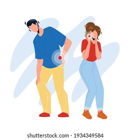 Neck And Back Pain Have Boy And Girl Couple Vector. Sadness Young Man And Woman Suffering From Body Part Pain. Characters Suffer From Health Problem And Disease Flat Cartoon Illustration