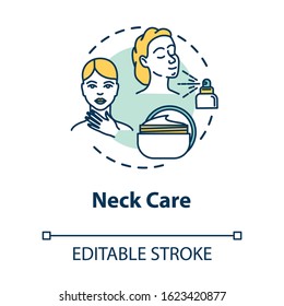 Neck care, youth and beauty concept icon. Skin moisturizing, cream and spray, thermal water use idea thin line illustration. Vector isolated outline RGB color drawing. Editable stroke