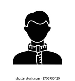 Neck circumference black glyph icon. Human body measurements, tailoring parameters silhouette symbol on white space. Collar width specification for bespoke clothing. Vector isolated illustration