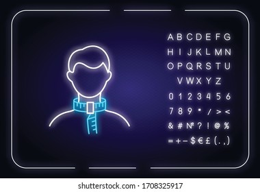 Neck circumference neon light icon. Outer glowing effect. Human body measurements, tailoring parameters sign with alphabet, numbers and symbols. Vector isolated RGB color illustration