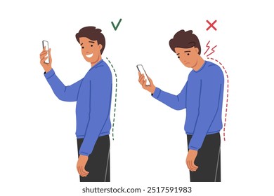 Neck clamp in man with poor posture due to frequent mobile phone use and digital addiction. Problems with posture and spinal curvature in young guy who needs help of chiropractor or massage therapist