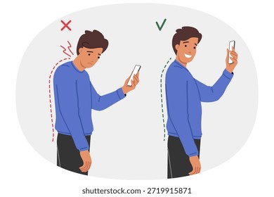 Neck clamp in man with poor posture due to frequent mobile phone use and digital addiction. Problems with posture and spinal curvature in young guy who needs help of chiropractor or massage therapist