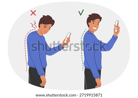 Neck clamp in man with poor posture due to frequent mobile phone use and digital addiction. Problems with posture and spinal curvature in young guy who needs help of chiropractor or massage therapist