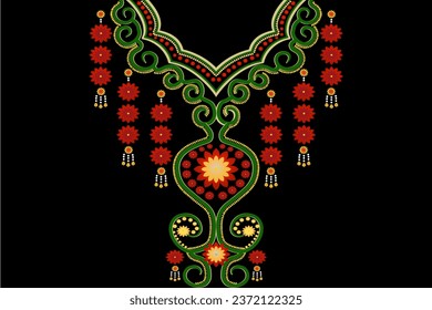 Neck collar,flora,red flower,green abstract line on black background ,abstract vector,design for clothing,fabric,women wearing