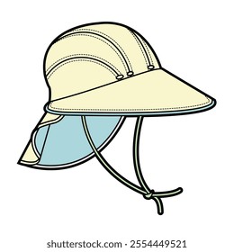 Neck covering sun cap technical flat sketch vector mockup template.