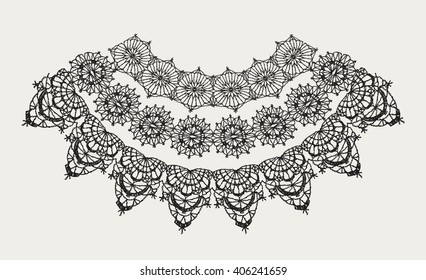 Neck decoration, necklace, isolated crocheted lace border with an openwork pattern. Vector illustration. T-shirt