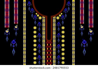 Neck embroidery blue geometric Ikat Aztec oriental traditional pattern. Native necklace elements design for fabric, clothing, collar t shirt, embroidered, texture, textile, element, printing, border