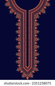 Neck embroidery decoration for the Indian kurta with Greek style on the navy blue background. The colorful pattern design for printing on fabrics, textiles, kaftan dresses, and African dashiki shirts.